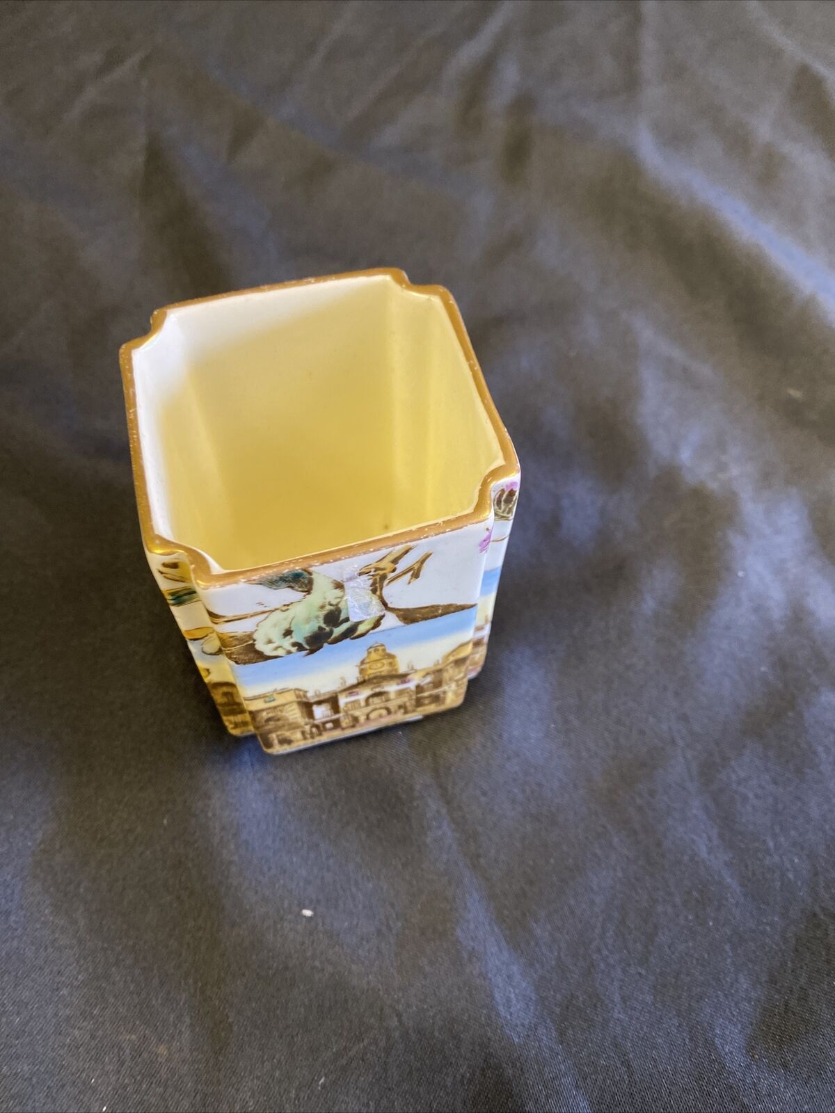 Antique Square Pot with The Horseguards & Albert memorial painted & Gilt (7717)