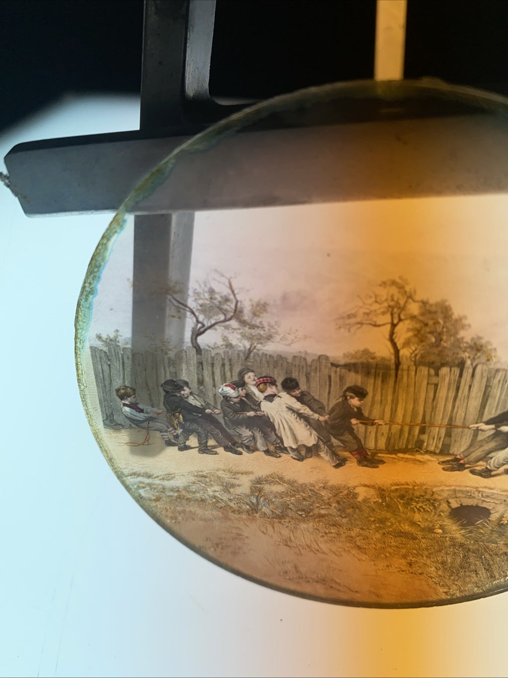 Magic Lantern Victorian Glass Round Handpainted Slide Tug of War (1169)