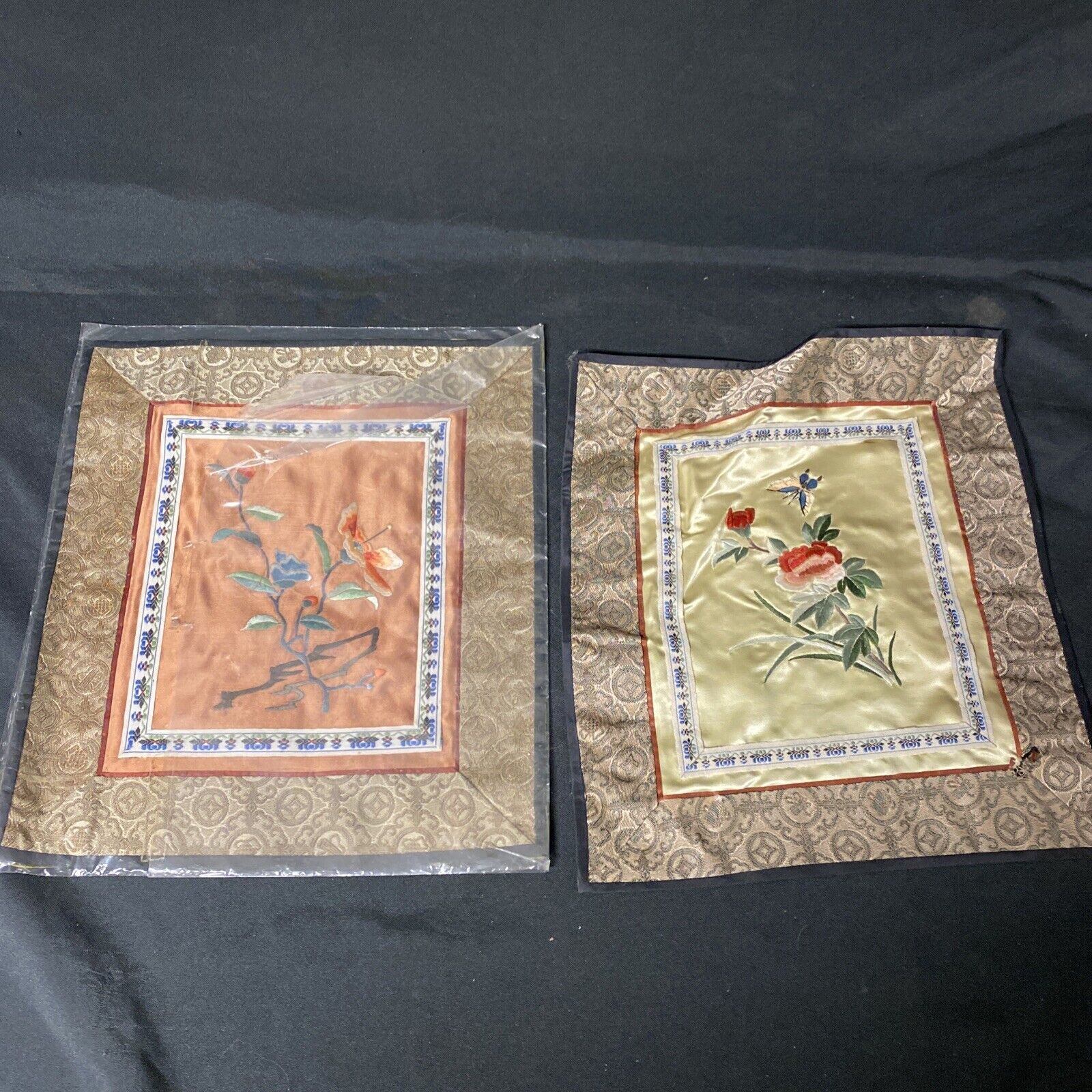 Vintage Chinese Satin Embroidered Panel 30cm x 26cm x 2 - (8953)