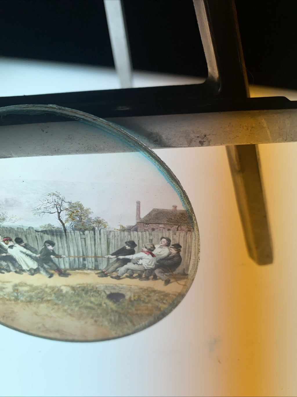 Magic Lantern Victorian Glass Round Handpainted Slide Tug of War (1169)