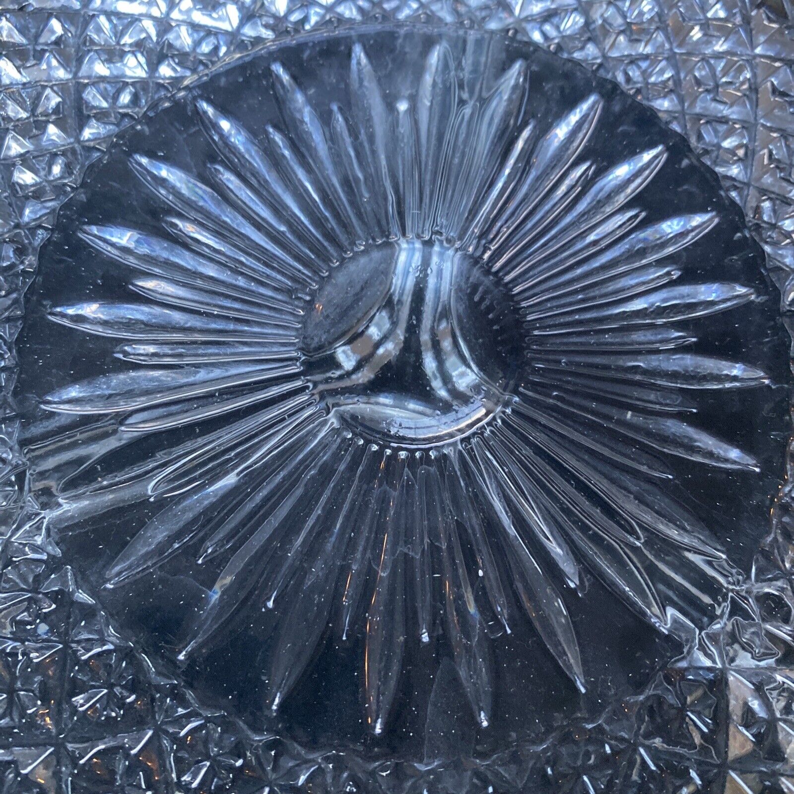 Vintage pressed glass segmented dish with white metal edge, heavy - (9612)