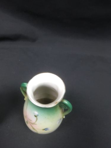 Japan bud vases pair vintage hand painted 11cm high green floral - (6686