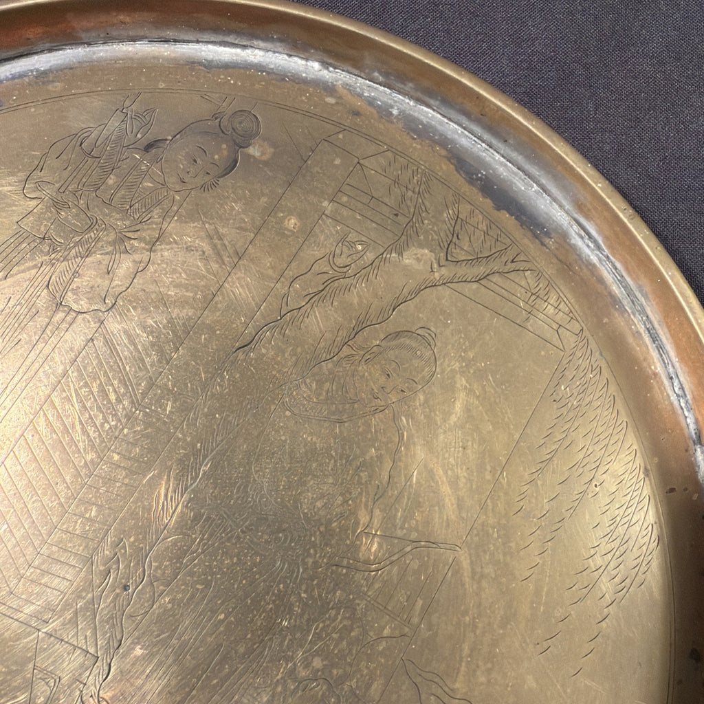 Chinese 1920's Heavy Brass Plate - 4 men fighting one with cut wrist & bleeding. - (2065)