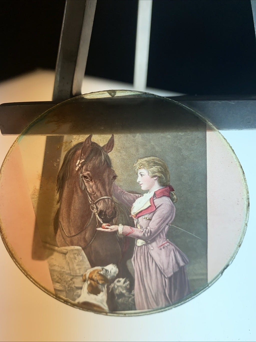 Magic Lantern Victorian Glass Round Handpainted Slide Lady, Horse, Dogs (1152)