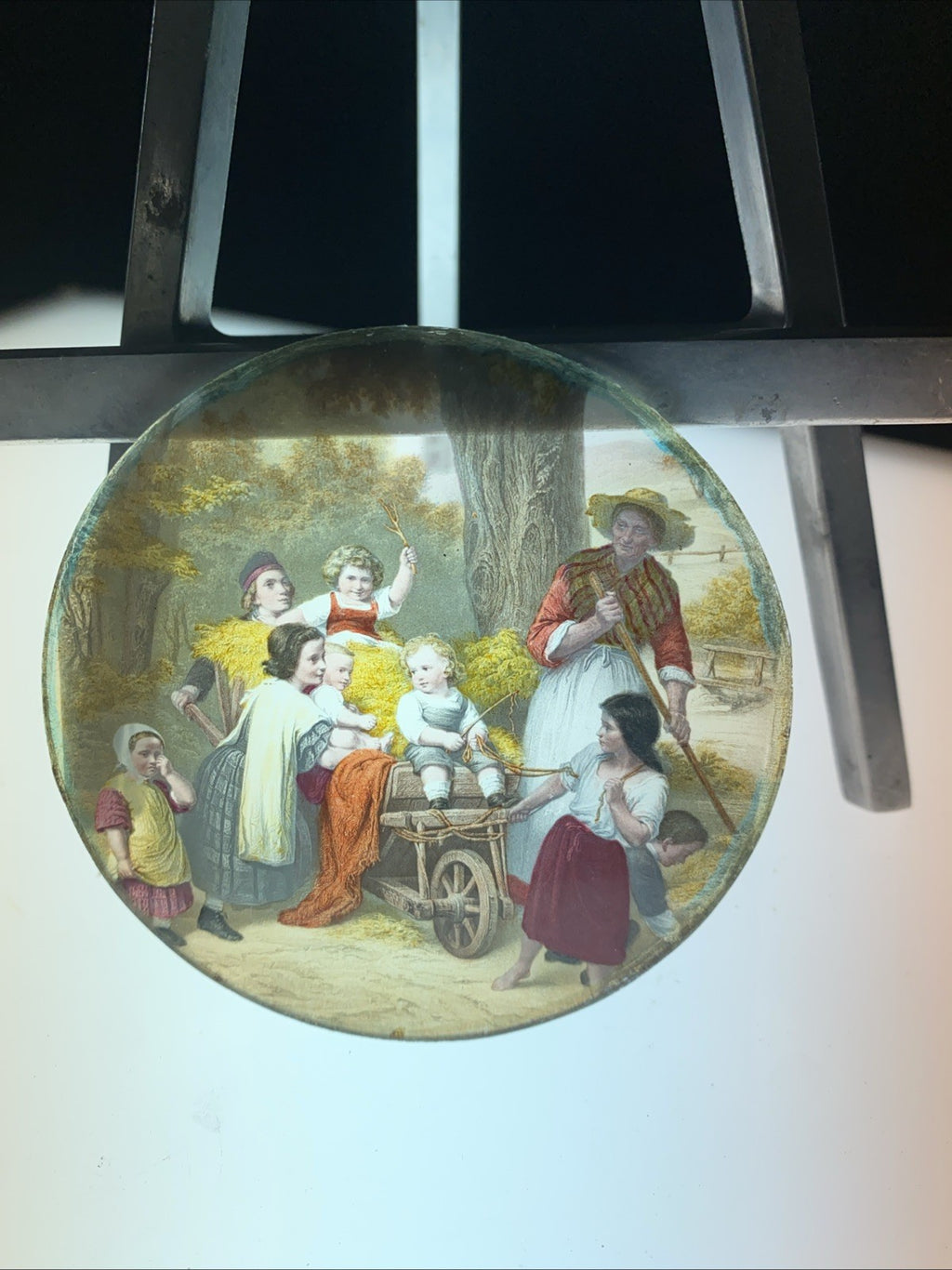 Magic Lantern Victorian Glass Round Handpainted Slide Children & Hay Cart (1166)