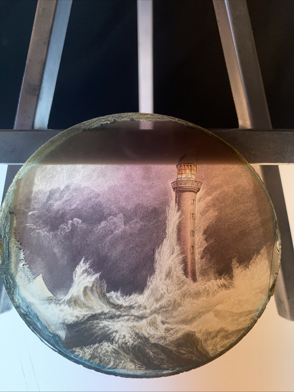 Magic Lantern Victorian Glass Round Handpainted Slide Stormy Lighthouse (1138)