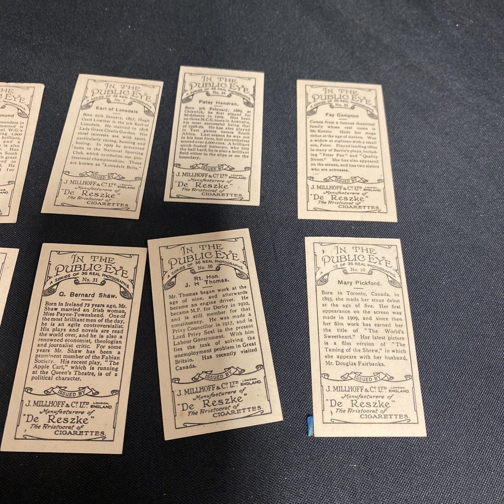 MILLHOFF- IN THE PUBLIC EYE Cigarette Photograph 1930 x 8 cards ex. Cond (9154)