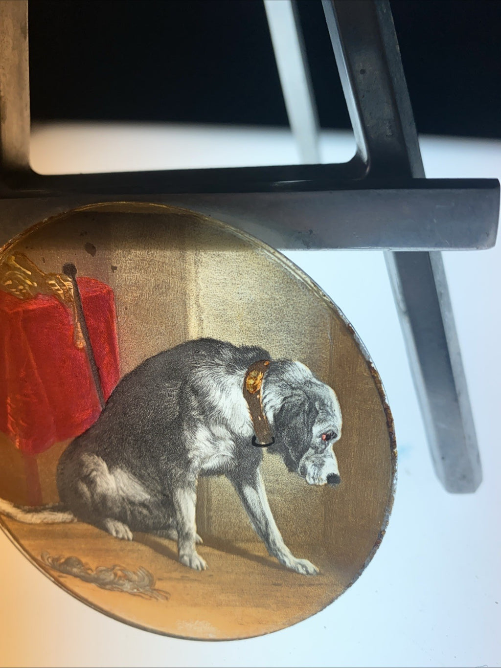 Magic Lantern Victorian Glass Round Handpainted Slide Big hairy dog (1114)