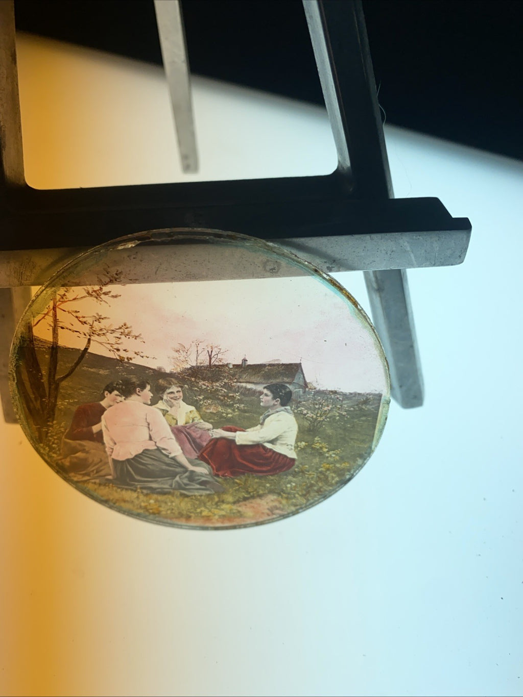 Magic Lantern Victorian Glass Round Handpainted Slide Girls chatting (1059)