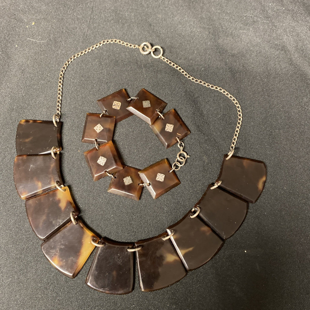 Art Deco 1920's Genuine Tortoiseshell & Silver Necklace and Bracelet - (1672)