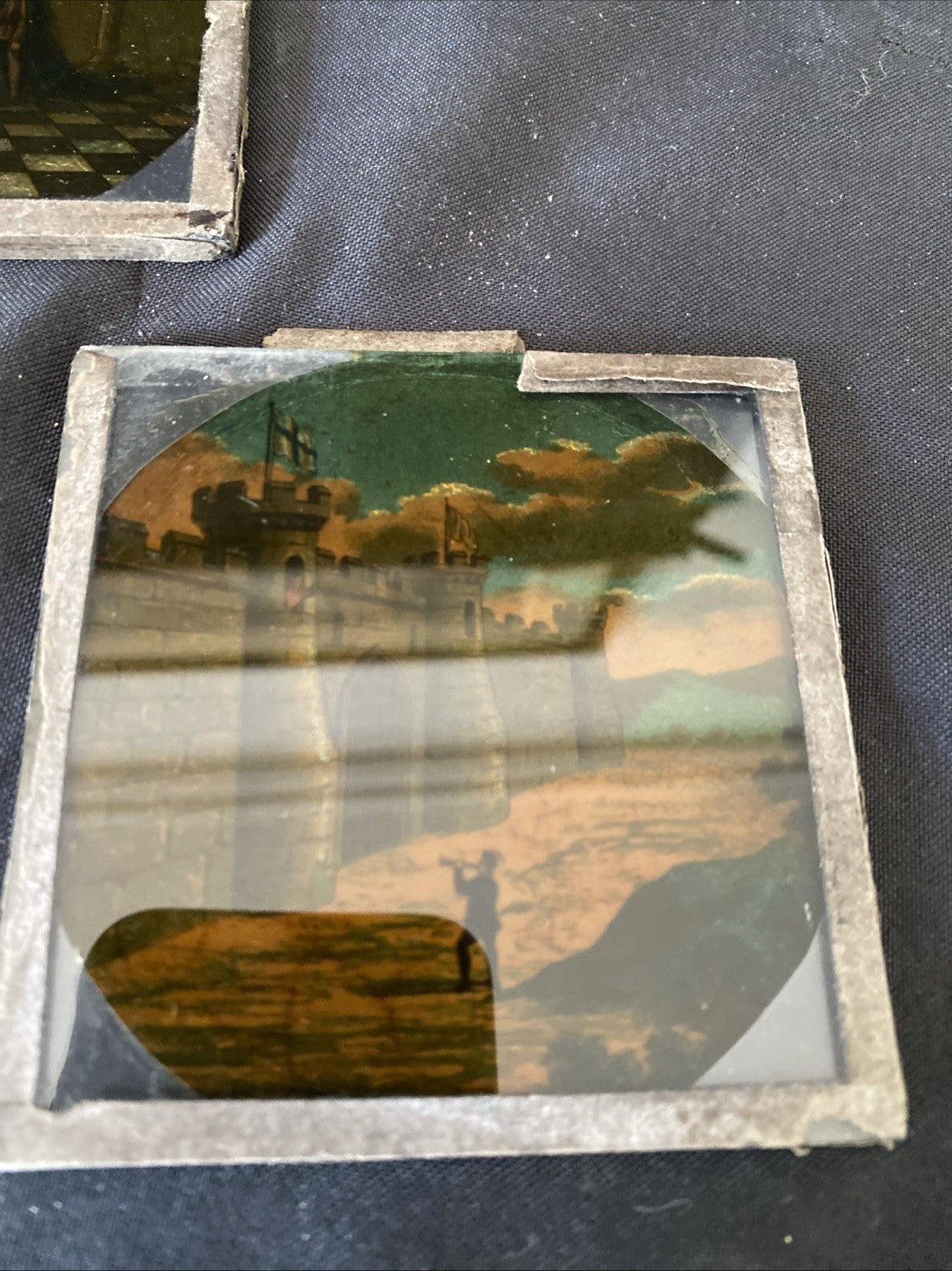 Magic Lantern Victorian Glass Square Handpainted x 3 Scotland Castle Etc (1080)