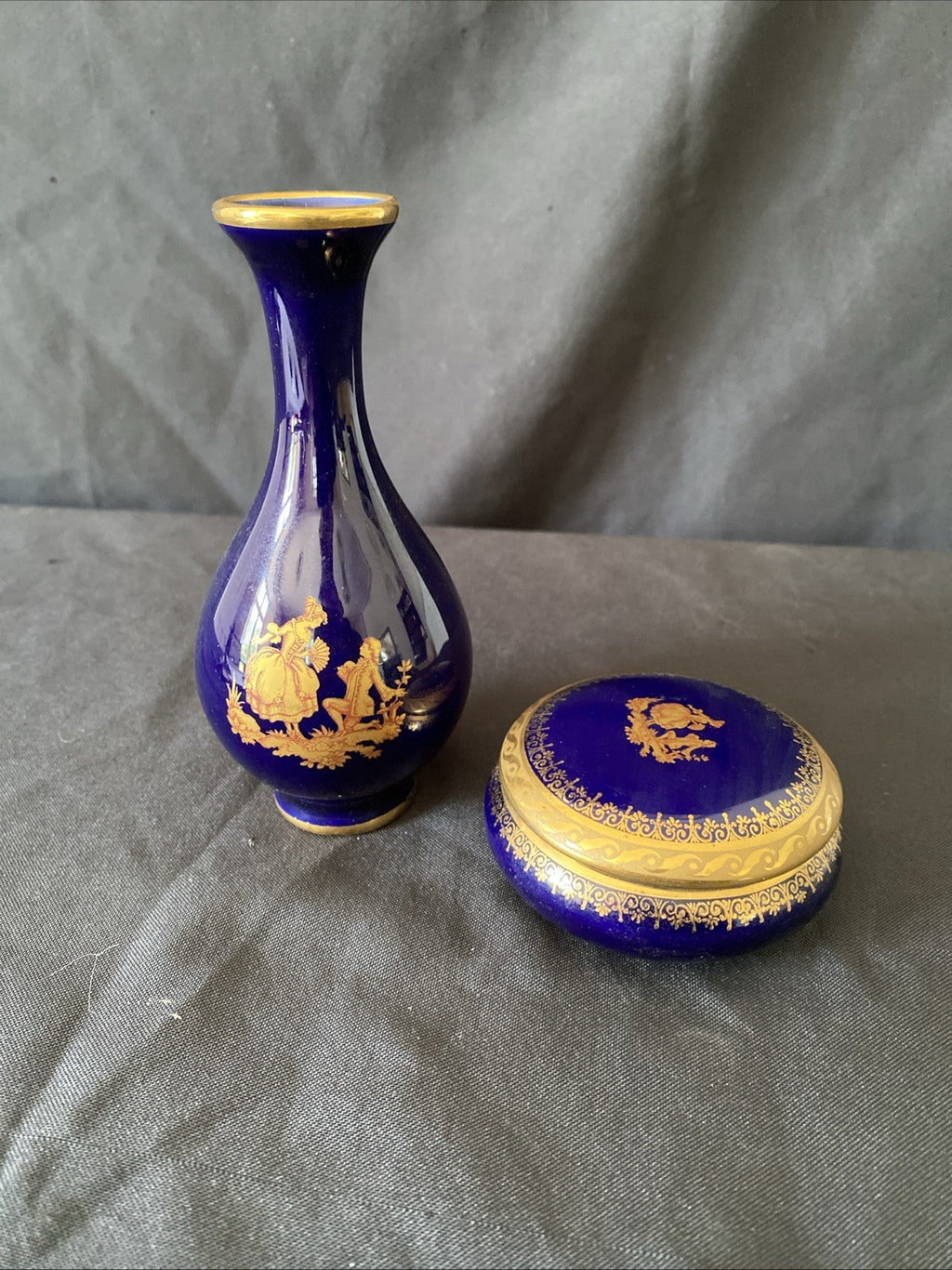 Limoges Castel France 22k Gold Bud Vase & Trinket pot cobalt blue gold (5455)