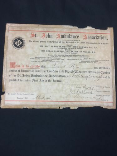 St. John Ambulance First Aid to the Injured certificate London 1906 - (6631)