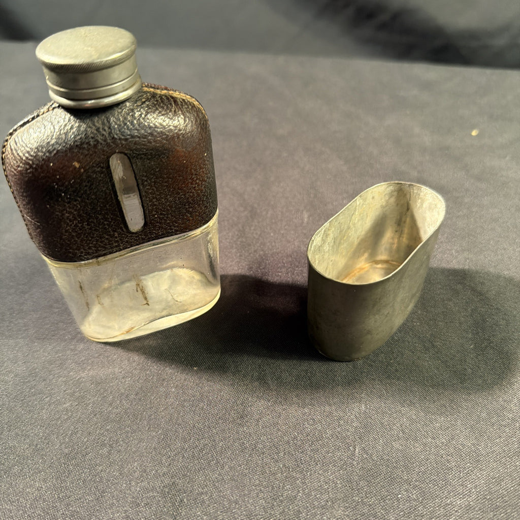 Antique WWI Hip Flask & Cup Pewter, Leather and Glass Ex Cond - (1994)