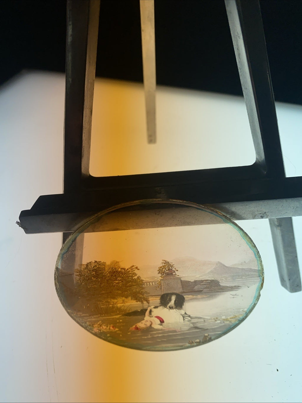 Magic Lantern Victorian Glass Round Handpainted Slide Dog saving girl (1171)