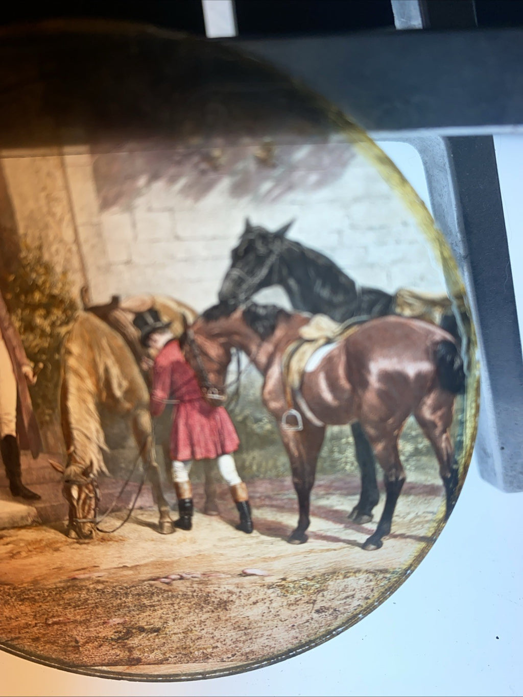 Magic Lantern Victorian Glass Round Handpainted Slide Horse Riding - (1094)
