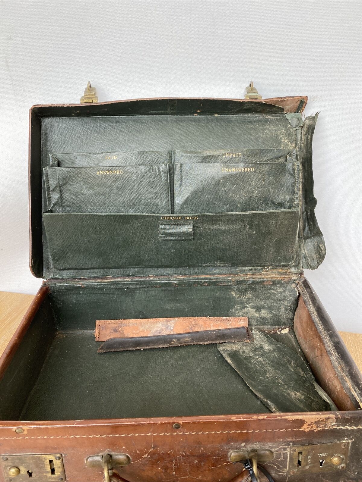 Antique Leather Briefcase- Heavy Leather needs work British made - (8299)