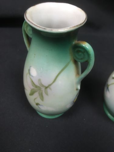 Japan bud vases pair vintage hand painted 11cm high green floral - (6686