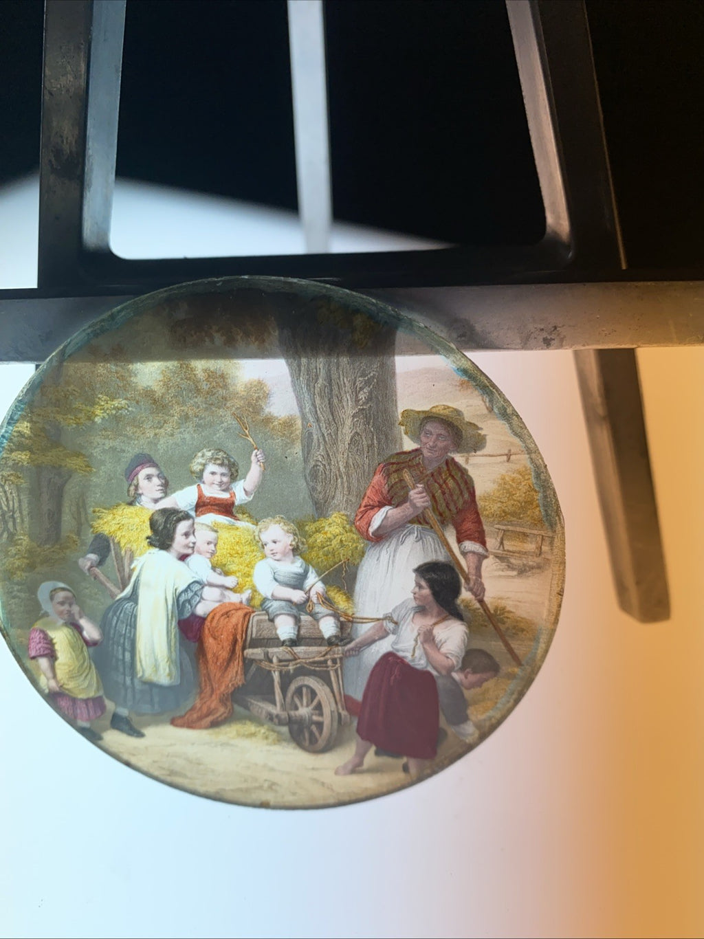 Magic Lantern Victorian Glass Round Handpainted Slide Children & Hay Cart (1166)