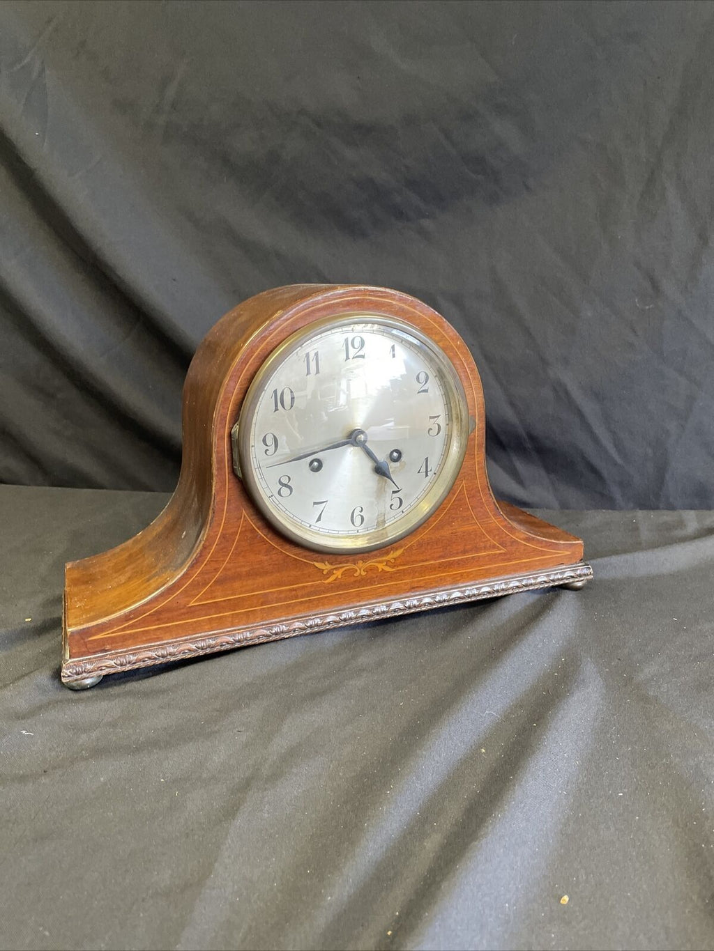 Edwardian Inlaid Mahogany Napoleon Hat Style Mantle Clock Working - (7916)