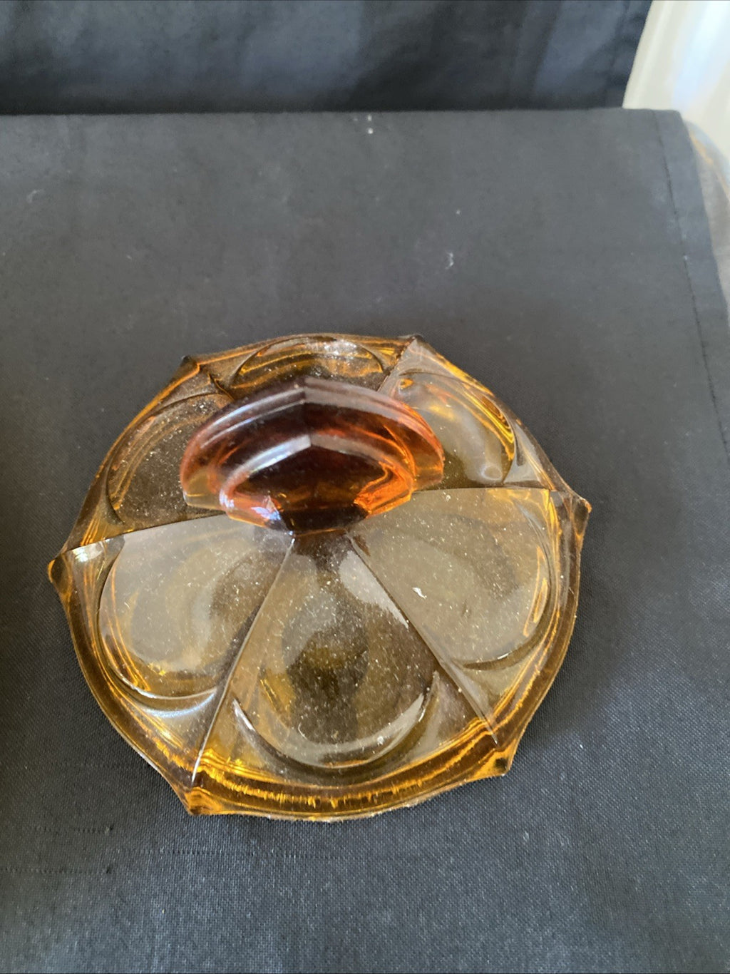 Vintage Pressed Glass Dressing Table Set Amber Tray, Pot, Ring Holder - (5458)