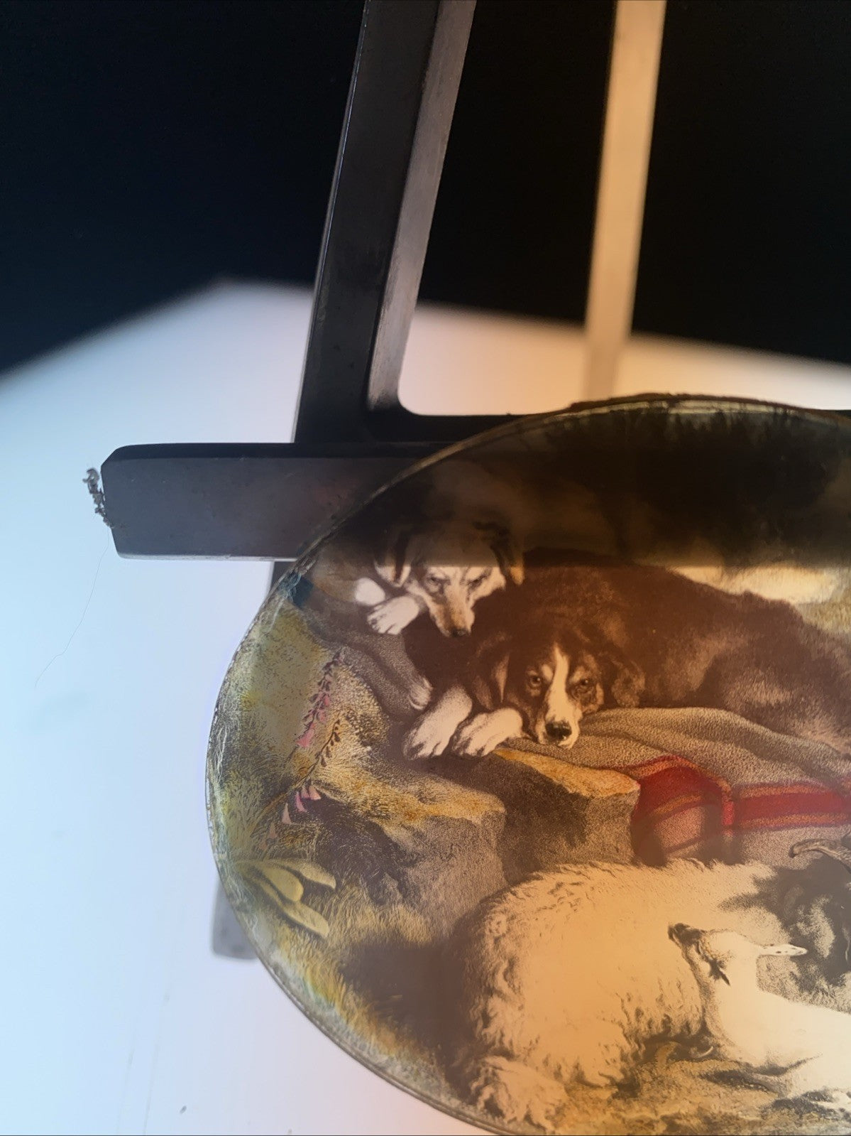 Magic Lantern Victorian Glass Round Handpainted Slide Dogs watching sheep (1172)