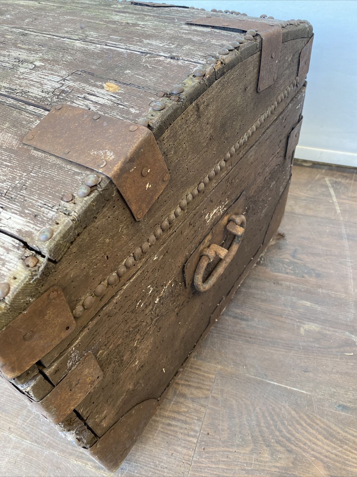 Antique Metal Bound Wooden Truck Early 1800's ORIGINAL - (8047)