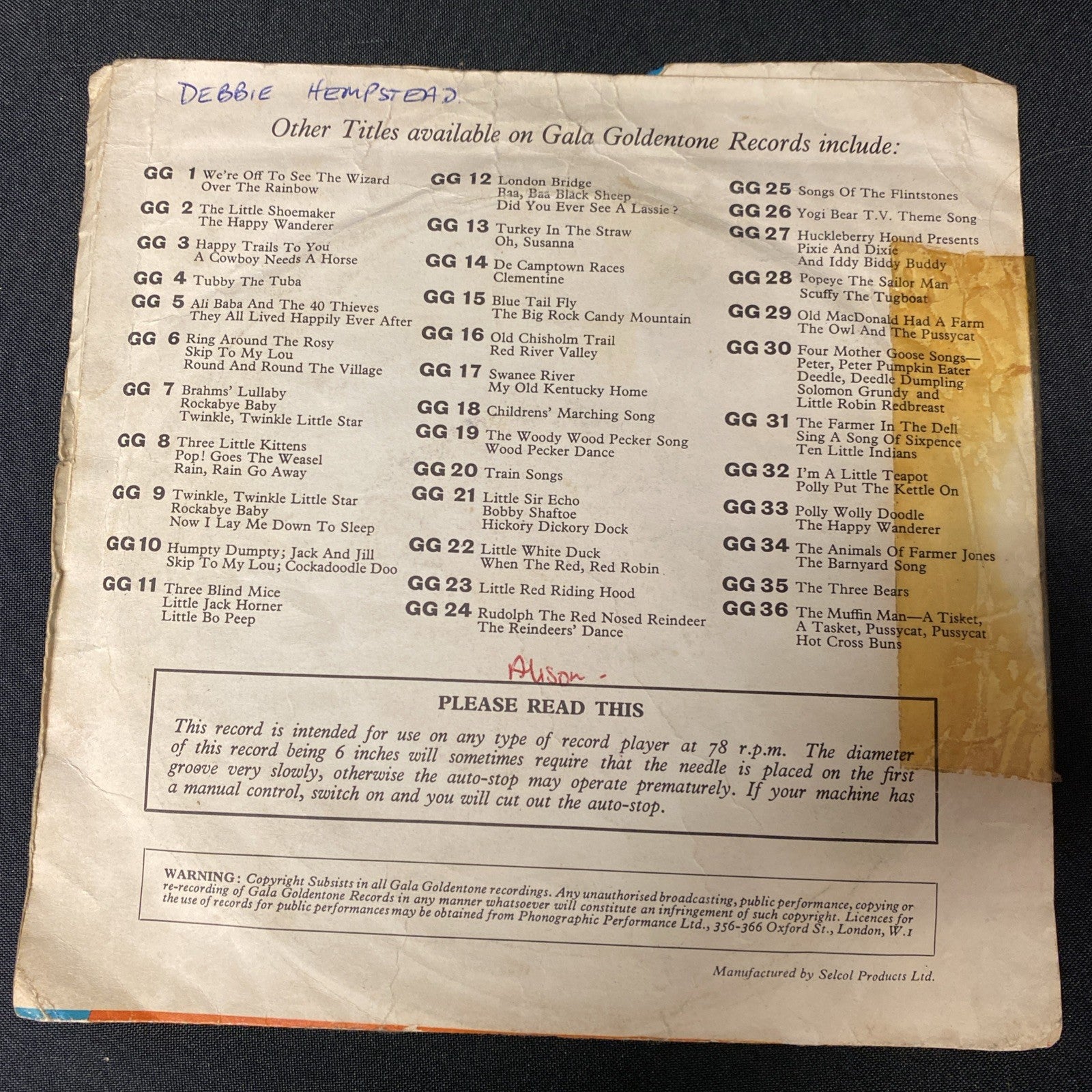 VINYL RECORD - Goldentone ORANGE Vinyl Jack & Jill, Skip to my Lou - (1438)