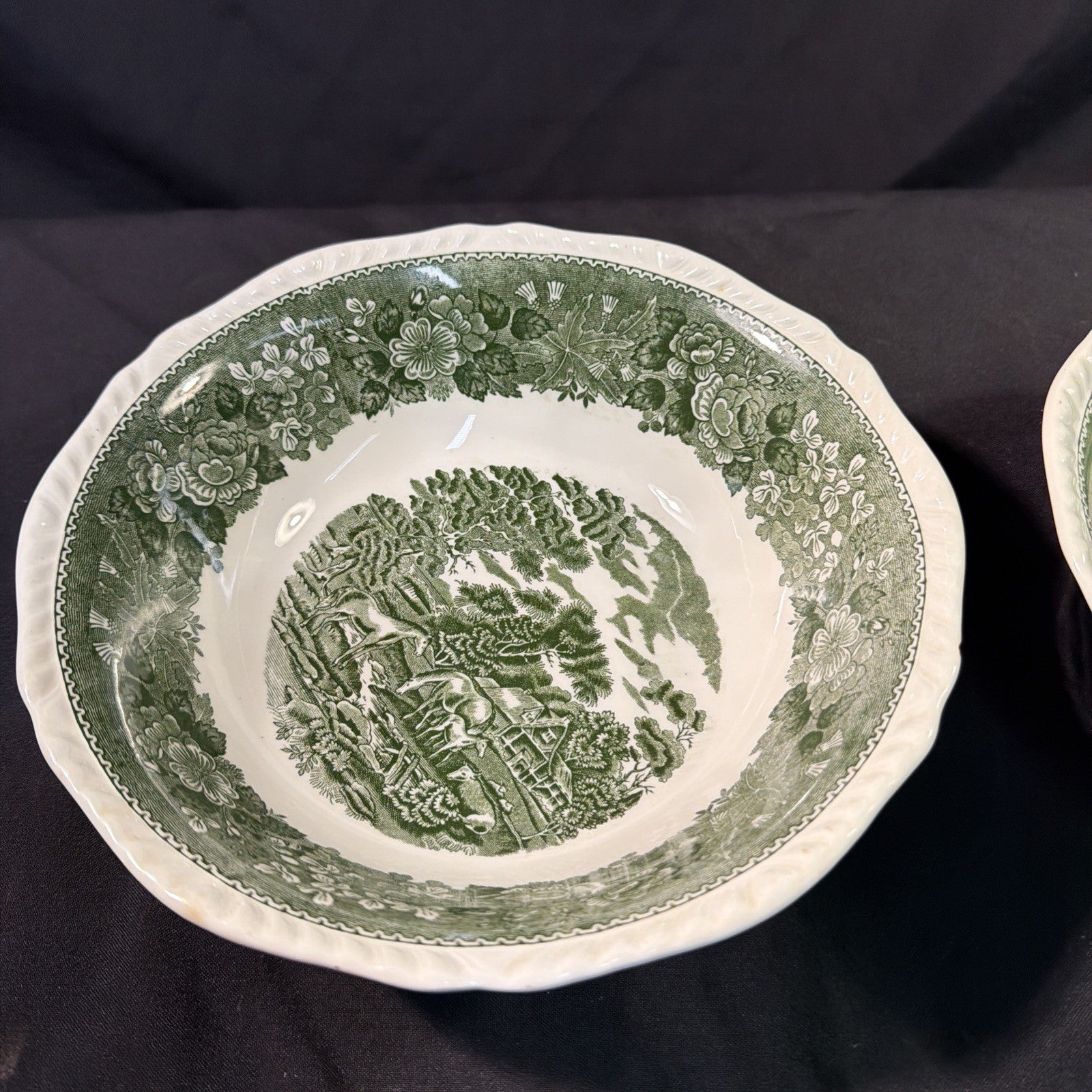 Adams Ironstone "English Scenic" Green Large Pair Serving Bowls - (2093)