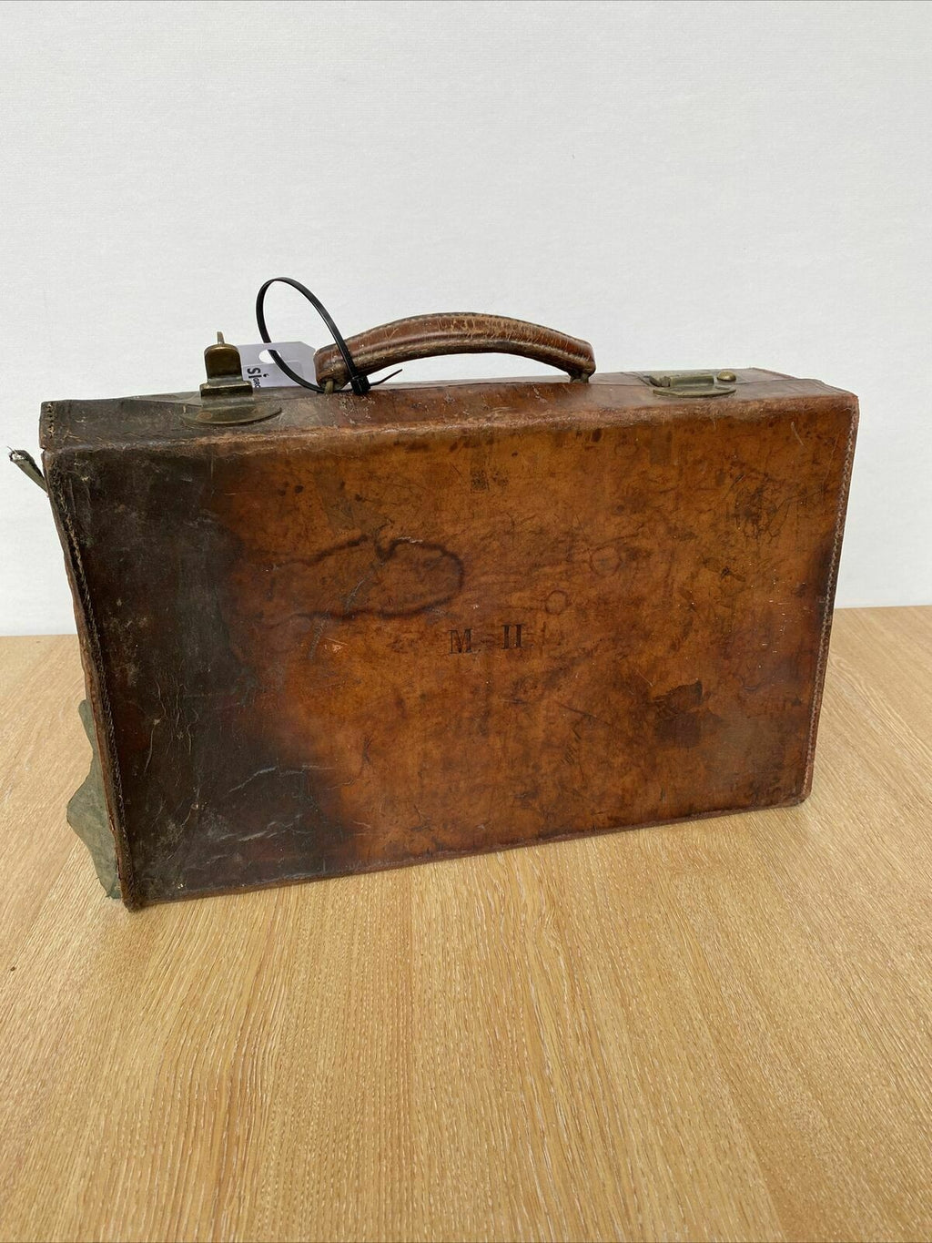 Antique Leather Briefcase- Heavy Leather needs work British made - (8299)