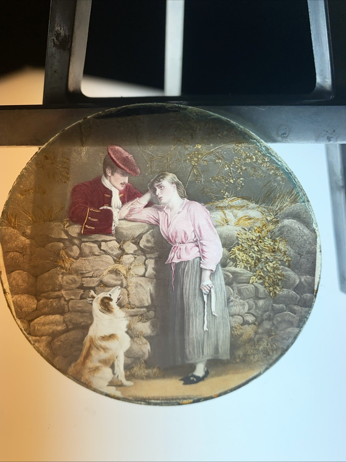 Magic Lantern Victorian Glass Round Handpainted Slide Walking the dog (1156)