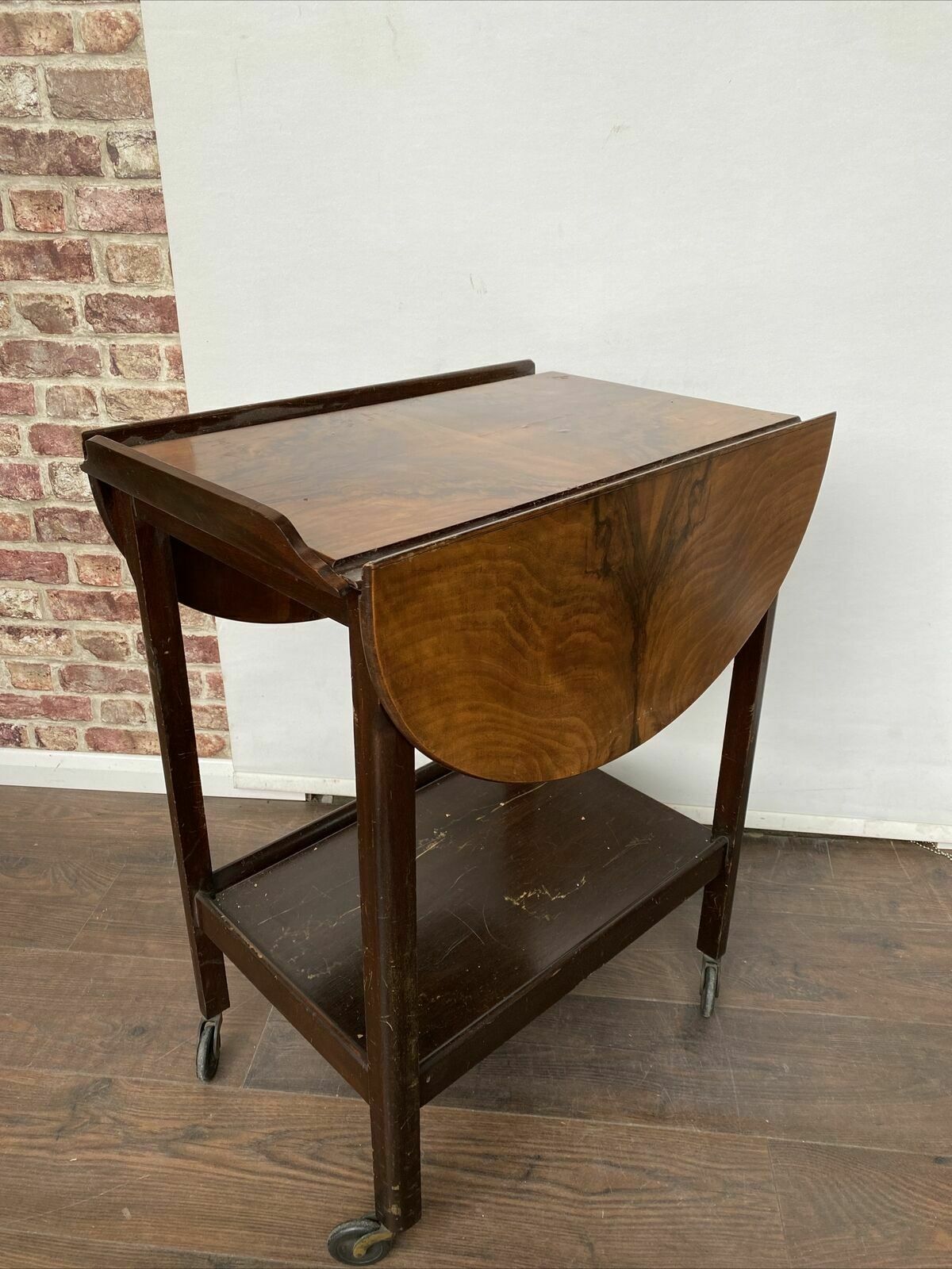 Antique Oak with walnut veneer Serving Trolley - Nice early solid trolley  drop leaf sides (8367