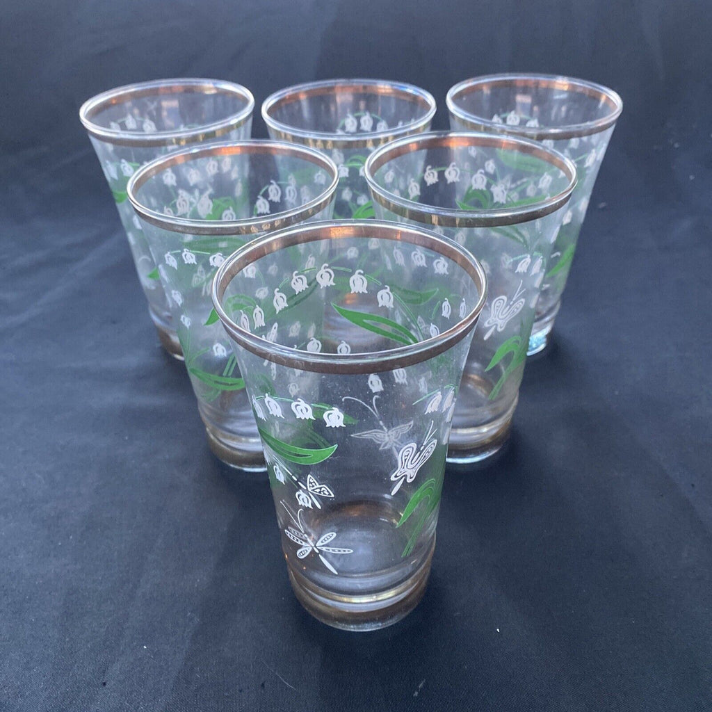Vintage 1940's glass set with gilt edges and floral print x 6 - (9616)