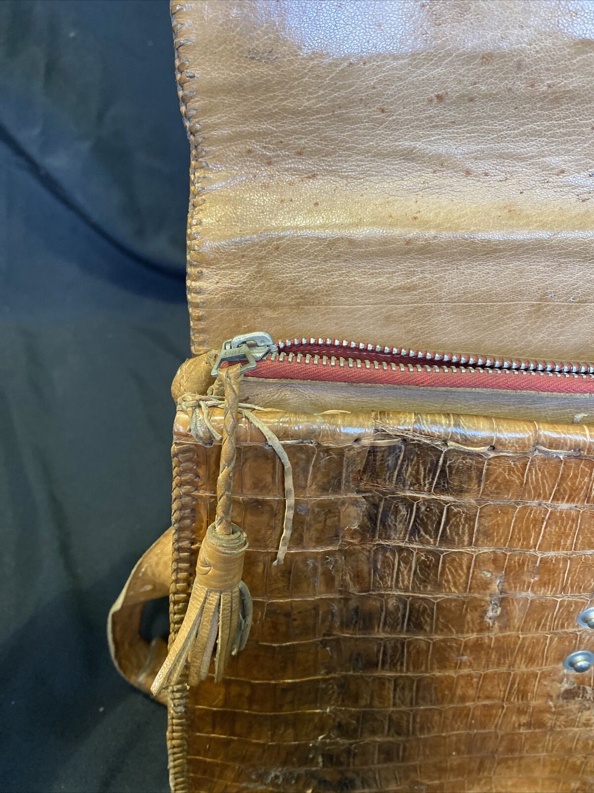 Vintage 1950's 100% Crocodile Skin including stitching handbag - (8426)