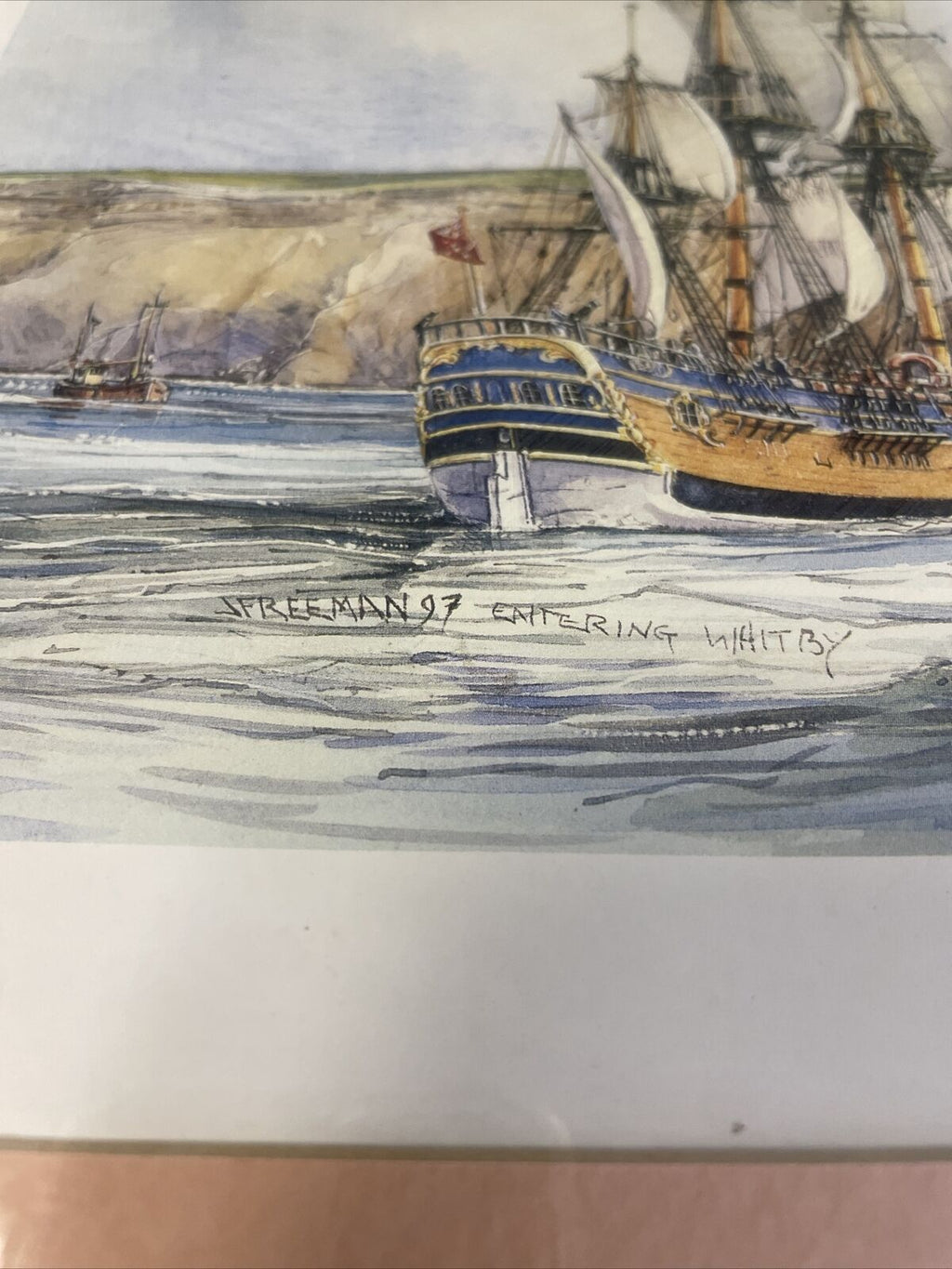 Vintage framed print of H.M Endeavour approaching Whitby 1997 May - (8144)