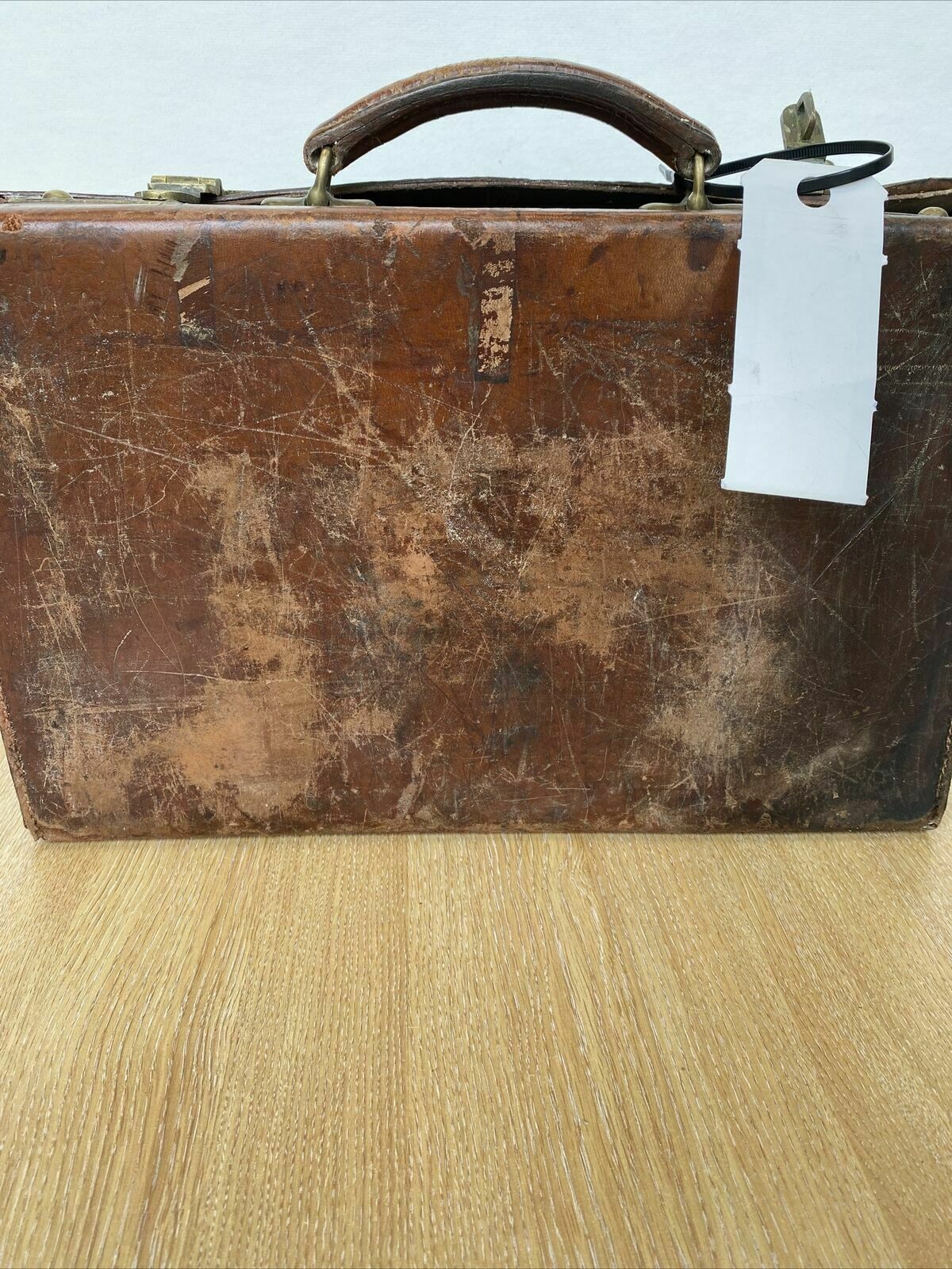 Antique Leather Briefcase- Heavy Leather needs work British made - (8299)