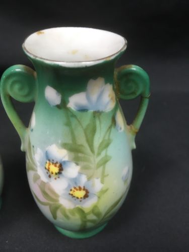 Japan bud vases pair vintage hand painted 11cm high green floral - (6686