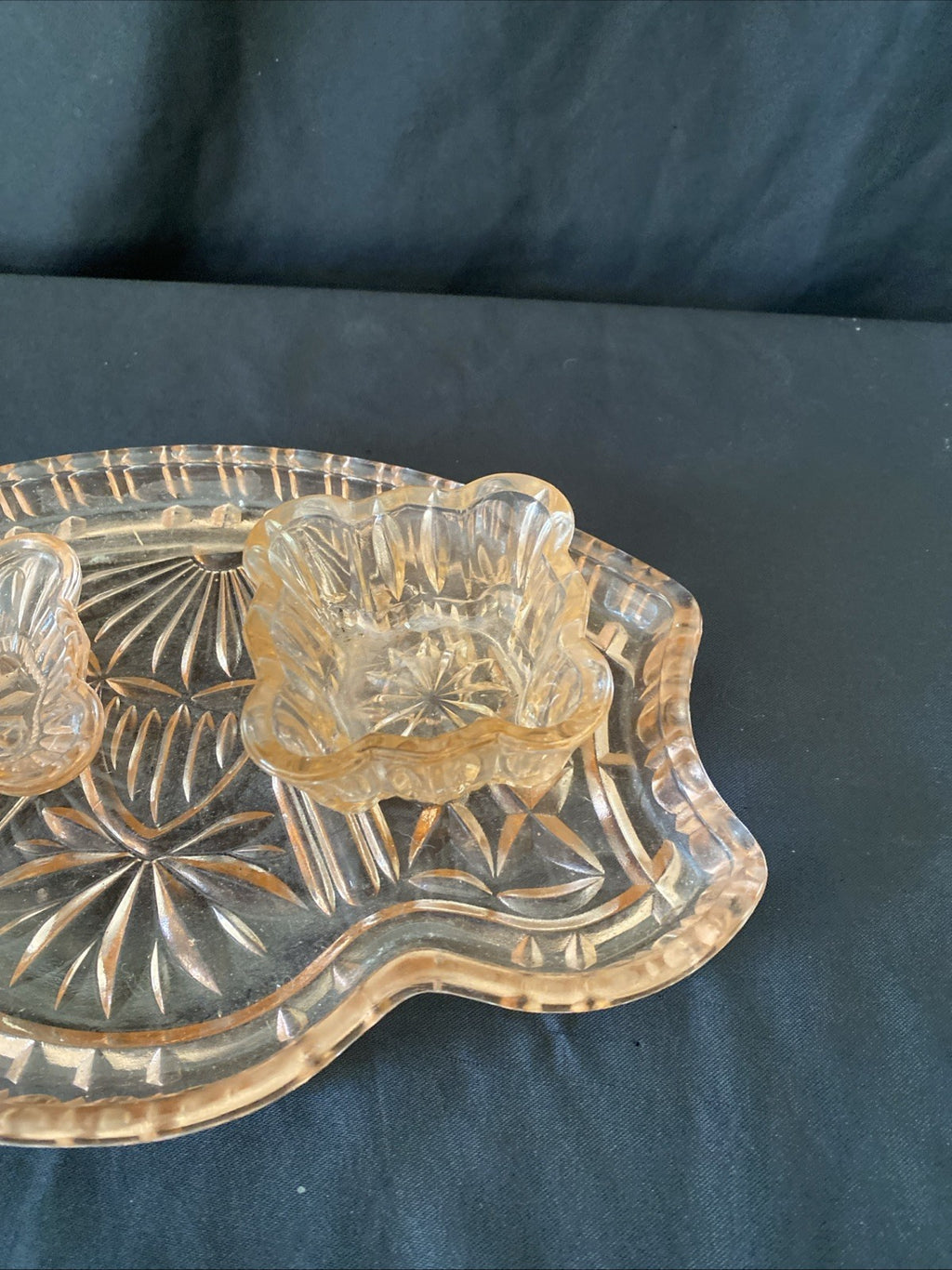 Vintage Pressed Glass Dressing Table Set Pink Tray, Pot, Trinket bowl - (5459)