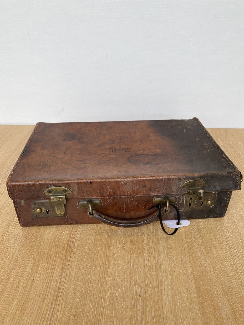 Antique Leather Briefcase- Heavy Leather needs work British made - (8299)