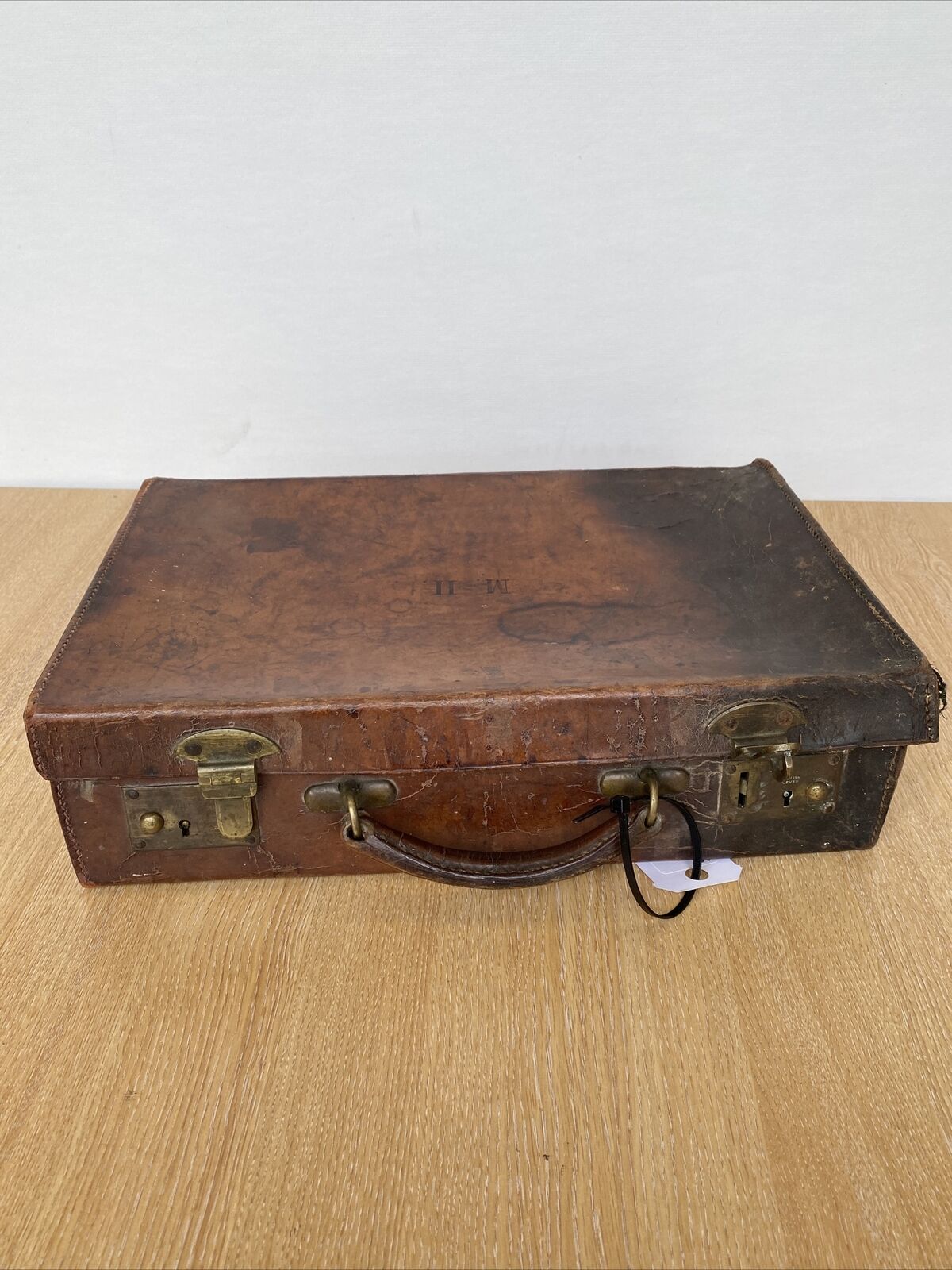 Antique Leather Briefcase- Heavy Leather needs work British made - (8299)