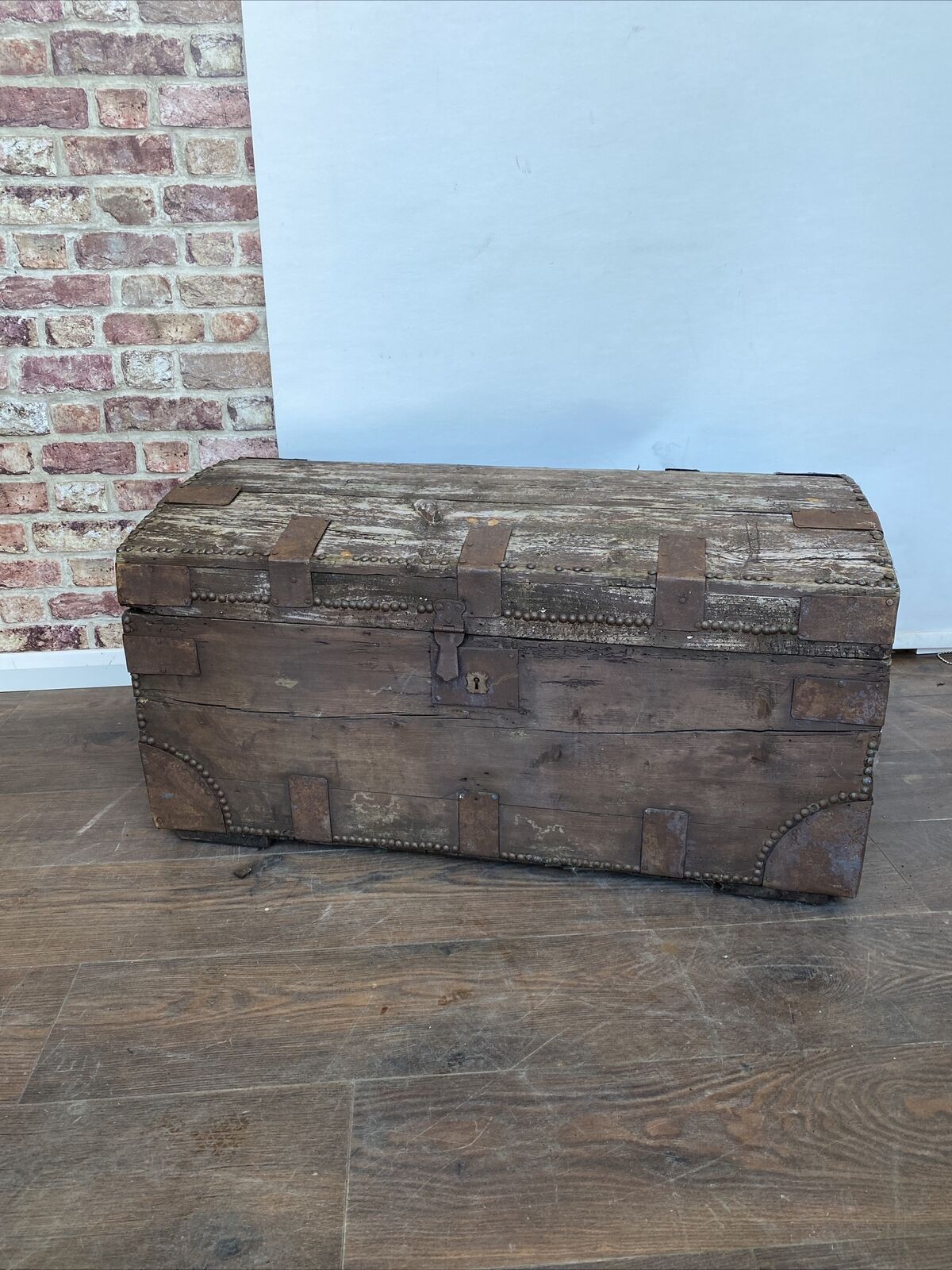 Antique Metal Bound Wooden Truck Early 1800's ORIGINAL - (8047)