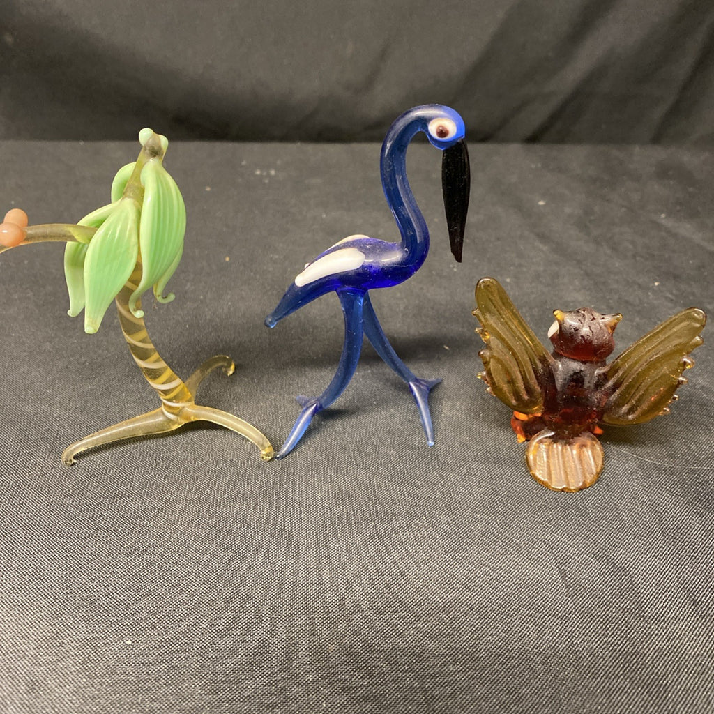 Murano x 3 1970's Glass figures Palm Tree, Owl, Heron - (1640