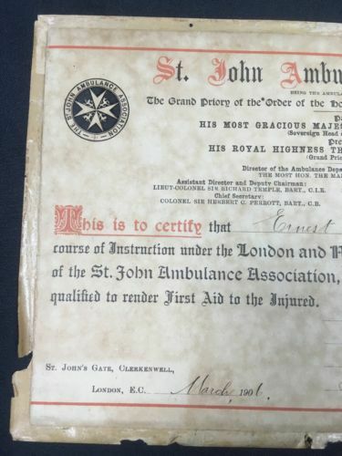 St. John Ambulance First Aid to the Injured certificate London 1906 - (6631)