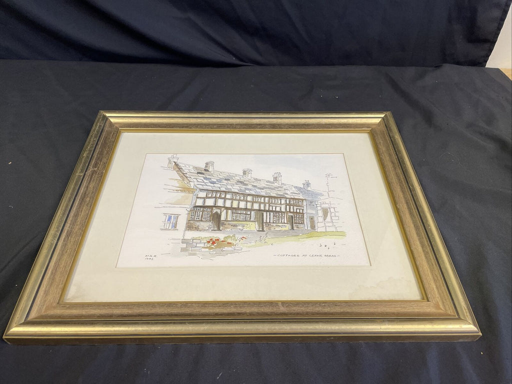 Vintage print by M.K.R 1992 watercolour of Cottages at Cerine Abbas - (8143)