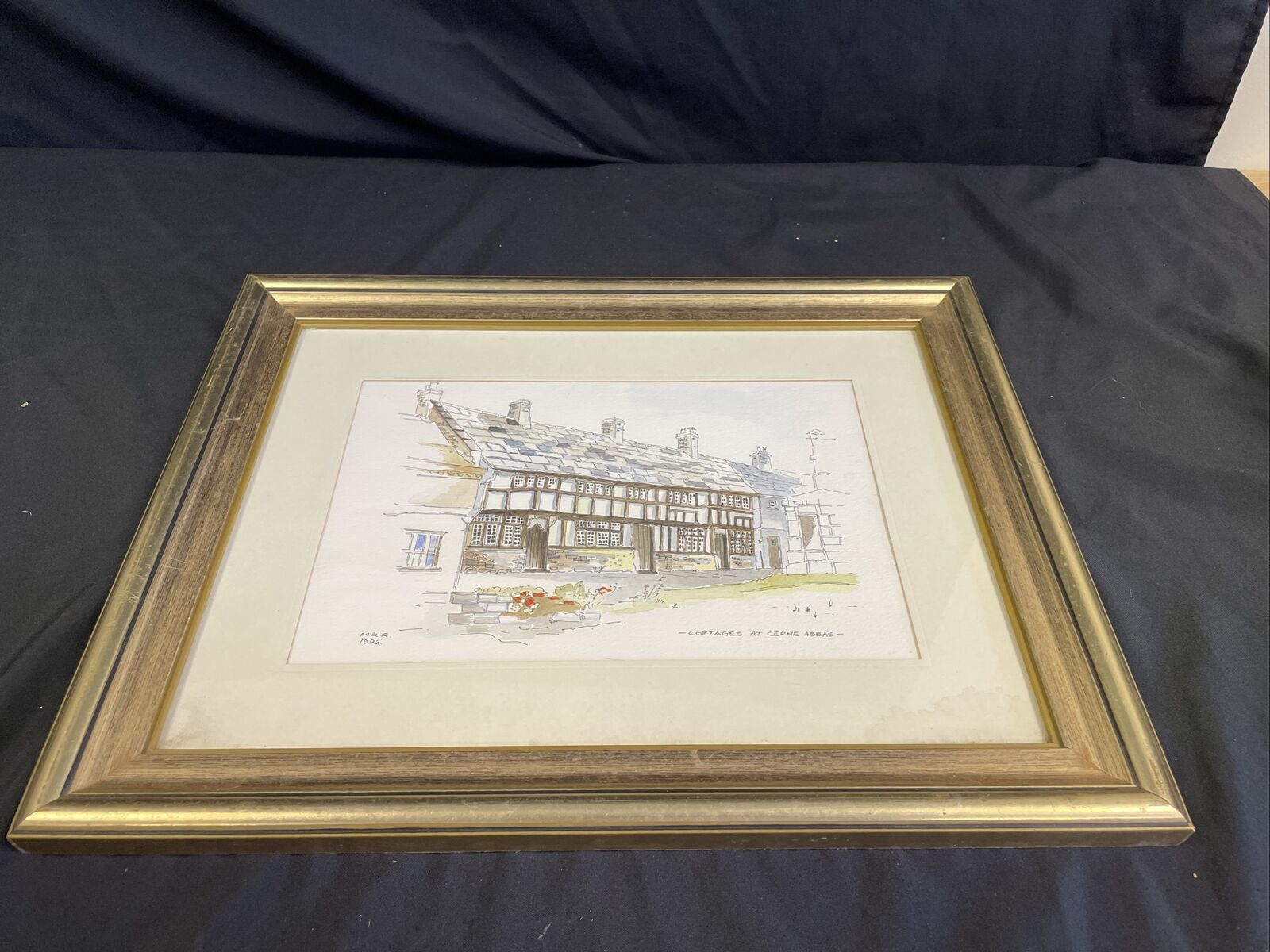 Vintage print by M.K.R 1992 watercolour of Cottages at Cerine Abbas - (8143)