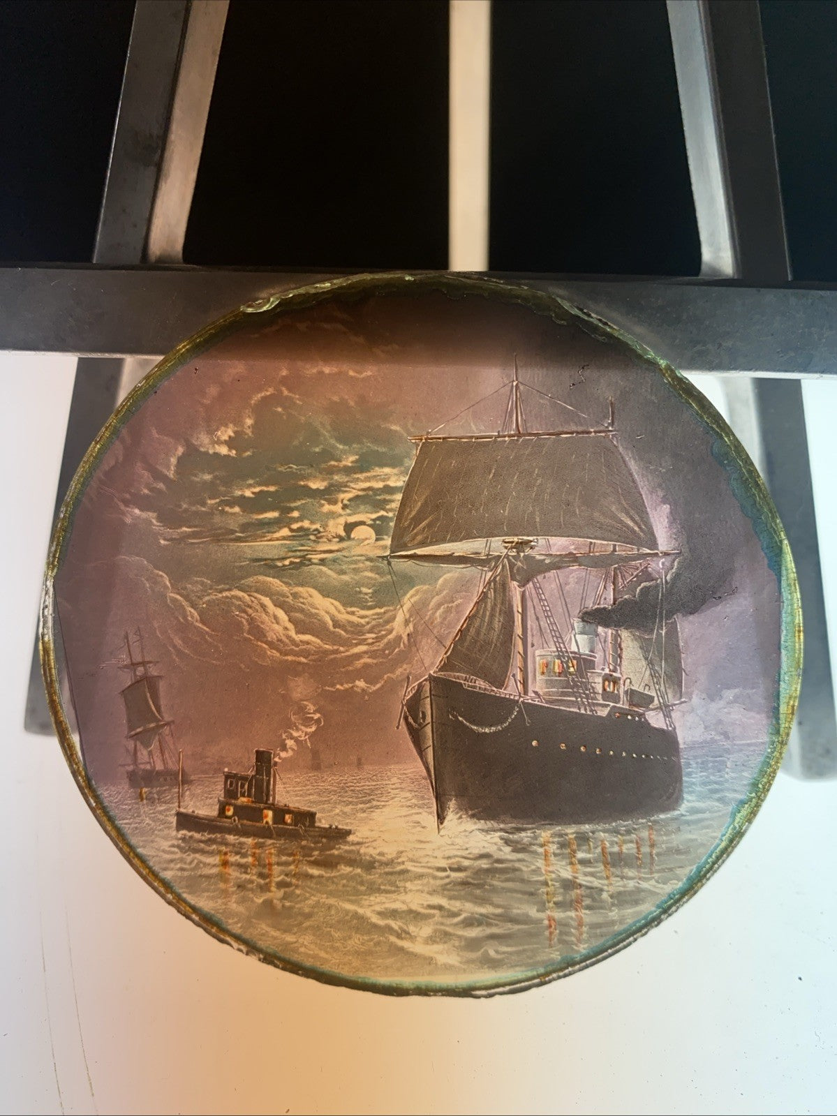 Magic Lantern Victorian Glass Round Handpainted Slide Ship and boats - (1089)