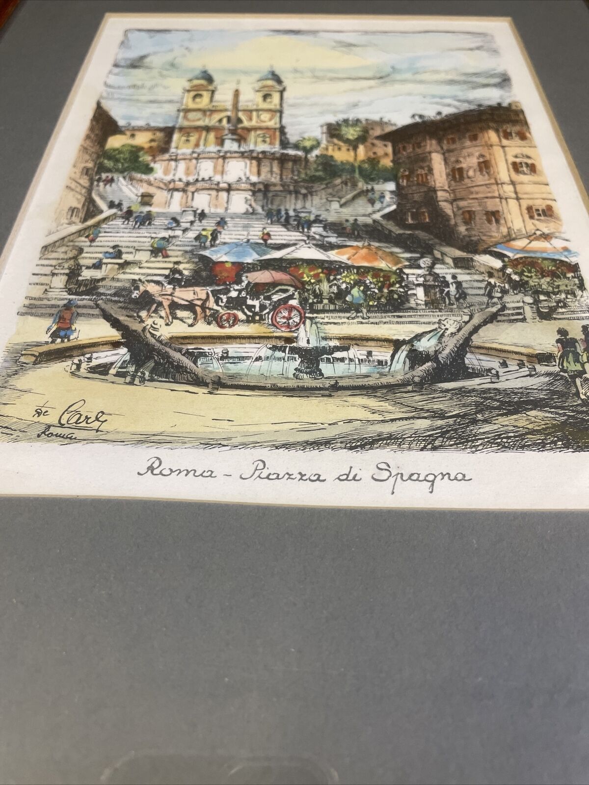 Vintage framed print of Roma Piazza Di Spagna Framed and matted - (8148)
