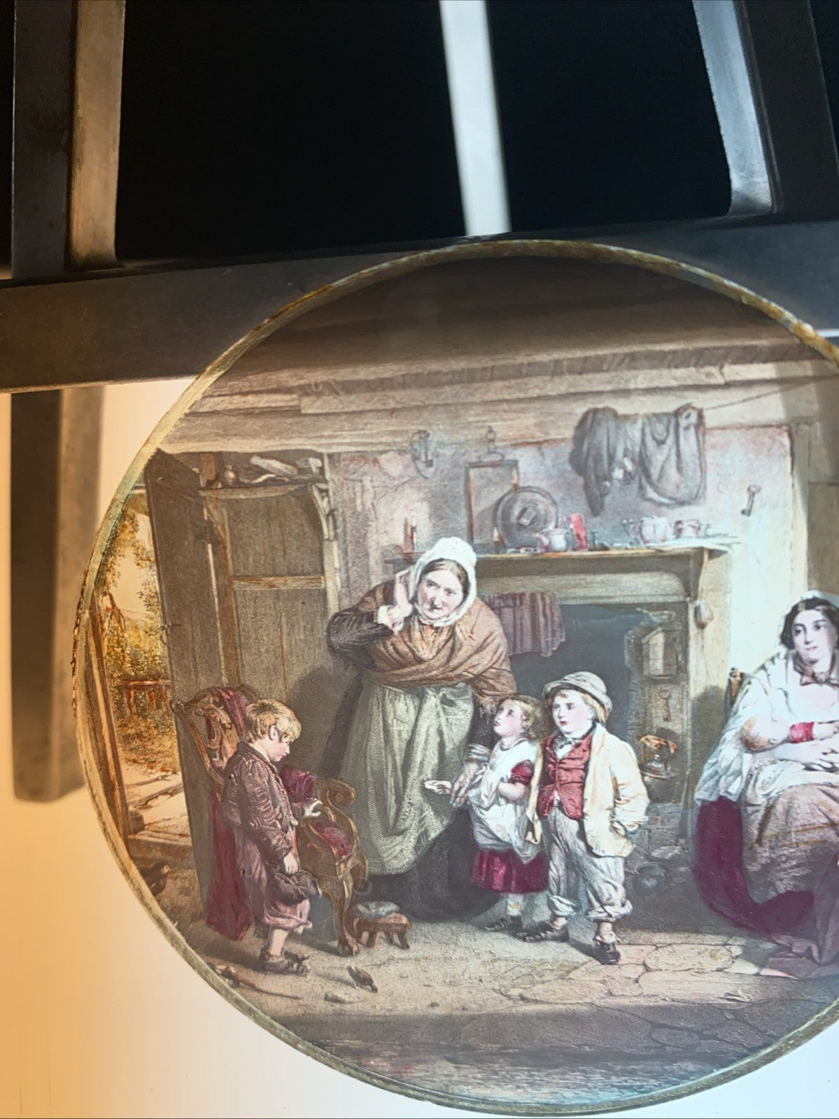 Magic Lantern Victorian Glass Round Handpainted Slide The telling off (1107)
