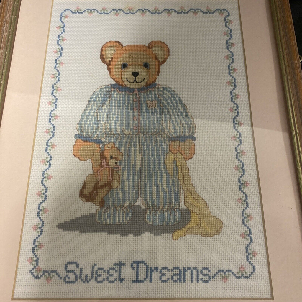 Cross Stitch COMPLETED Sweet Dreams Bedtime Bear 1990's Picture vintage (9099)