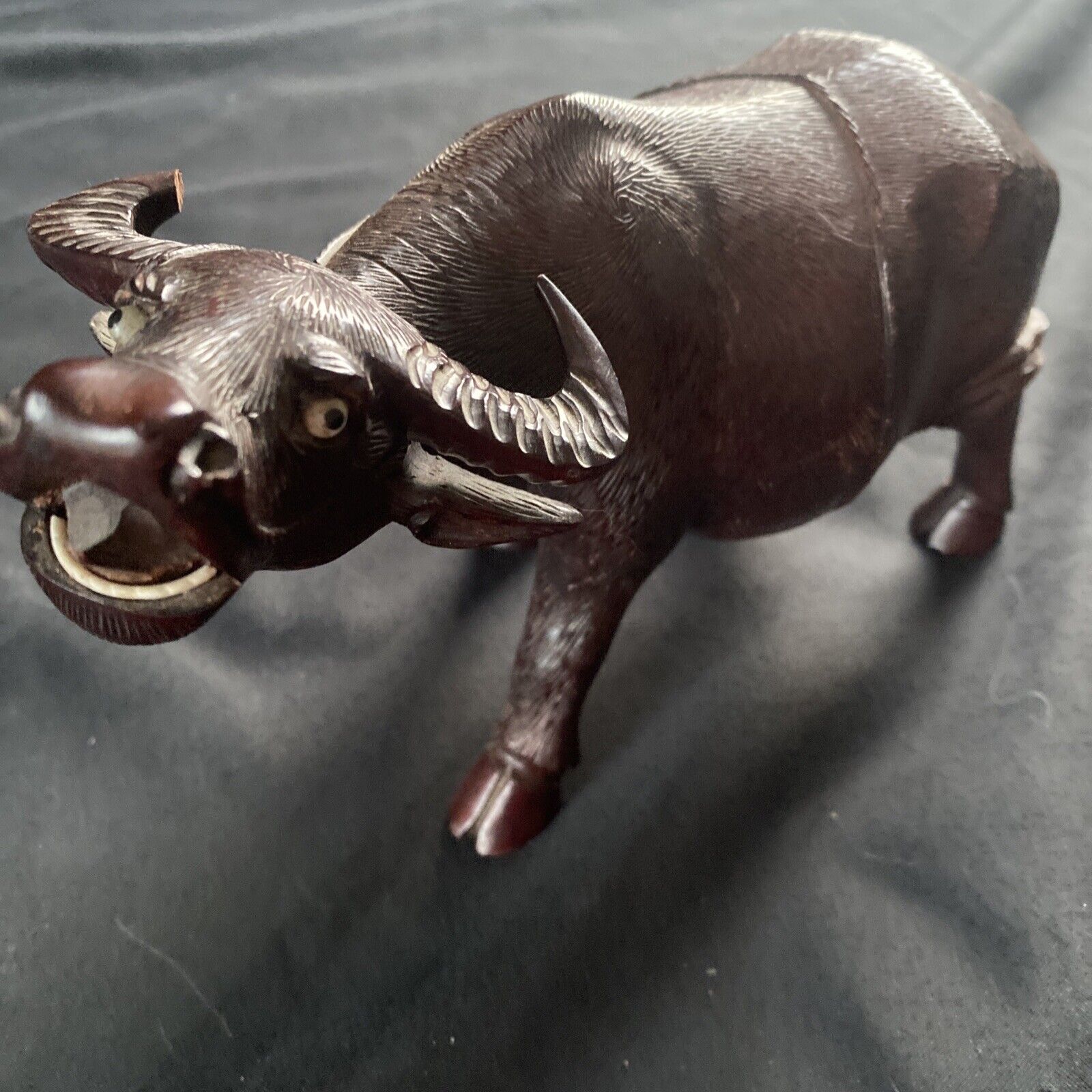 Late 19th century Chinese hardwood carved water buffalo or oxen Signed - (9404)